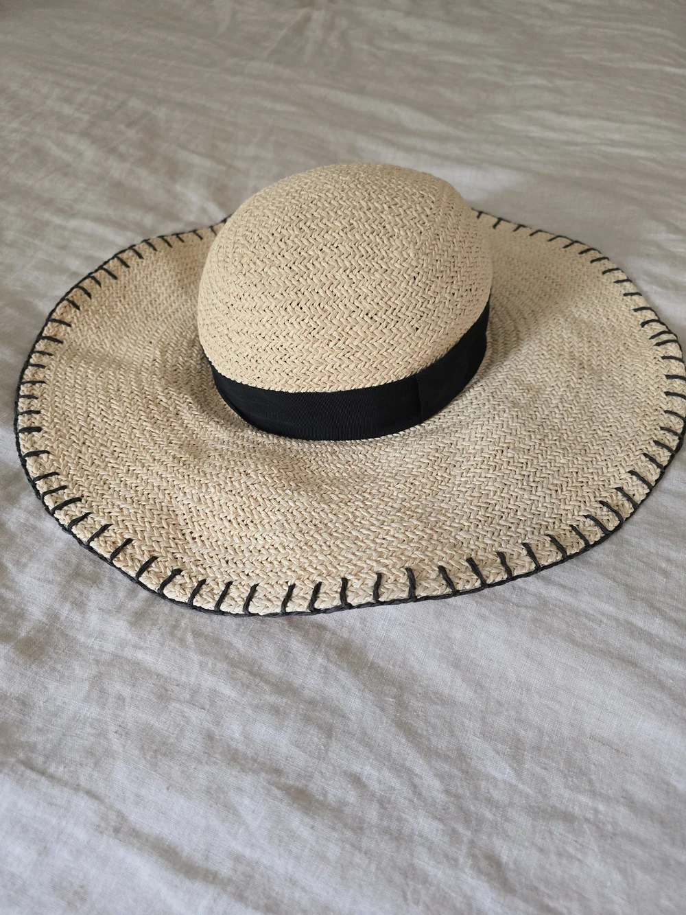 Tory Burch Beige Straw Floppy Hat with Black Trim